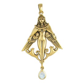 Dryad Design Bronze Freya Pendant with Rainbow Moonstone - Norse Goddess Freyja Jewelry 2 1/8 inches (5.4 cm)