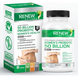 RENEW ACTIVES Probiotics for Women 50 Billion CFU per 2 Capsules– MAKTREK Technology, 4 Probiotic Strains & Prebiotic Blend– Supports Digestion Health & Gut Flora Balance – Made in Canada– 60 Capsules