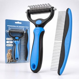 Bnlei Pet Pro Grooming Tool for Dogs & Cats - Double Sided Deshedding Brush Undercoat Rake Dematting Comb, Reduces Shedding & Detangles Matted Fur(Blue-Large)