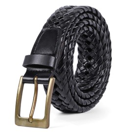 SUOSDEY Mens Braided Leather Belt Cowhide Woven Leather Belt for Casual Jeans Pants with Solid Prong Buckle,black