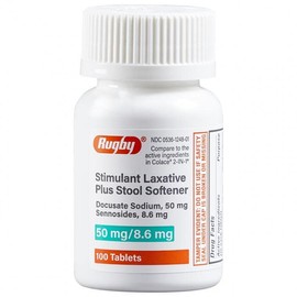 Rugby 2 in 1 Stimulant Laxative Plus Stool Softener Docusate Sodium 50 mg/Sennosides 8.6 mg - 100 Tablets