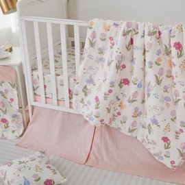 Brandream Cotton Muslin Crib Bedding Set for Girls Comforter Quilt Set Wildflower Animals Print Baby Nursery Bedding Set Lightweight Soft Breathable Gauze Bedding, Pink, 6 Pieces