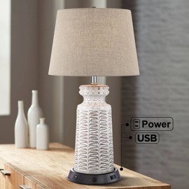 360 Lighting Helene Country Cottage Table Lamp with Dimmable USB and AC Power Outlet Workstation Charging Base 26" High Cream White Ceramic Tan Drum Linen Shade Living Room (Color May Vary)