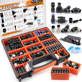 170Pcs Push to Connect Air Fittings Kit 1/8" 1/4" 5/16" 3/8" 1/2" OD, NPT Thread Quick Connect Pneumatic Connectors, Teflon Tape & Cutter, for Brake System, Auto Repair, Factory Use