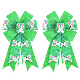 2 lazos de corona de Pascua, decoración de Pascua, lazos con purpurina verde de primavera, diseño de conejo, lazos de arpillera para corona, cinta de Pascua, lazos para decoración de árbol de