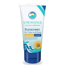 Stream2Sea Reef Safe Sport Sunscreen for body, SPF 20, Natural, Water Resistant, Biodegradable, Coral and Ocean Friendly Mineral Sunblock, UVA UVB 3 Ounce