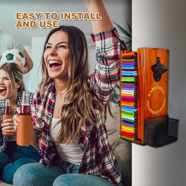 LEIRUOTM 3-in-1 Can Cooler Holder with Bottle Opener - Wooden Beer Can Sleeves Organizer & Dispenser - Wall Mounted Beer Can and Bottle Cooler Storage - Ideal for Home Bars and Parties(Wood)