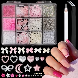 MOTIBACK 12 Grid Pearl Nail Charms,3D Nail Decorations with Pink Bow Acrylic Flowers Flatback Pearls Gems Rhinestones, DIY Craft Manicure Supplies for Women