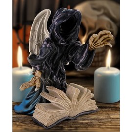 Kremers Schatzkiste Grimreaper Decorative Figure Reading Book with LED Light Multicoloured 21 m Figure Polyresin Gothic Decorative Gift Sculpture Skull