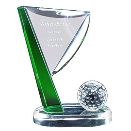 Customizable 7-1/2 x 6 Inch Optical Crystal Golf Flag and Ball Award on Green Base, Includes Personalization