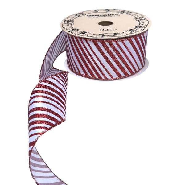 Red Glitter Stripes Christmas Ribbon - 2 1/2" x 20 Yards, Wired Edge, Red White Candy Cane, Wreath, Garland, Gift Wrapping, Bows