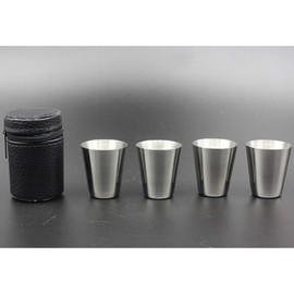 4 Pieces 30ml (1oz) Stainless Steel Shot Cups Shot Glass Drinking Vessel with One Black PU-Leather Carrying Case Outdoor Camping Travel Coffee Tea Cup, Silver Cup, Black Case