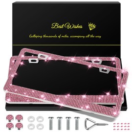 QUANQIUFEI 2 Pack Bling License Plate Frames for Women, Sparkly Rhinestone Diamond Car Accessories with Glitter Crystal Caps (Dark Pink)