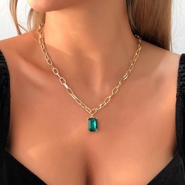 Inateannal Crystal Emerald Necklace Green Emerald Pendant Earrings Gold Paperclip Link Chain Necklace Square Emerald Choker Necklace Vintage Paperclip Necklace
