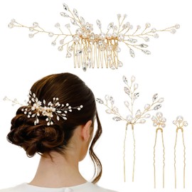 Wedding Hair Accessories - 4 Pieces Bridal Hair Comb and U Shaped Hair Pins with Crystal Beads for Women and Girls, Gold