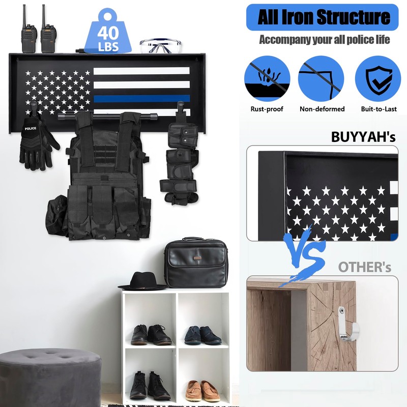 BUYYAH Wall Mounted Police Gear Rack, Tactical Duty Gear Rack