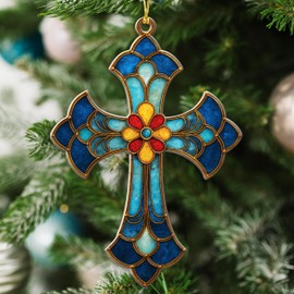 Religious Christmas Ornaments - Stained Glass Cross Effect Ornament - Christian Christmas Ornaments 2025 - Cross Car Mirror Hanger Charm - Jesus Car Accessories - Christian Gifts for Women, Men