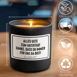 HERZBOTSCHAFT Duftkerze mit Spruch – Alles Gute zum Vatertag! Danke, dass du immer für uns da bist! – Geschenk für Papa, handgemachte Sojakerze, nachhaltig, optional mit personalisiertem Bambusdeckel
