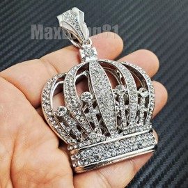 MaxBling81 HIP HOP ICED SILVER PLATED CUBIC ZIRCONIA LARGE KING CROWN BLING CHARM PENDANT
