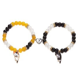 Azusa Sun 2 Pcs Couple Friendship Bracelets for Women Men Kawaii Cute Cartoon Cat Animal Charm Heart Matching Bracelets Colorful Glass Beaded Bracelet Y2k Gifts Jewelry-Black Yellow