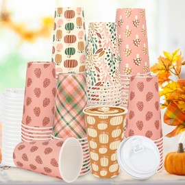 FYSUIMU 120 Sets Boho Fall Disposable Coffee Cups with Lids Pumpkin Leaves Mushroom Drinking Cup 6 Designs Paper Cup for Autumn Thanksgiving Party Supplies