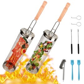 Set of 2 Stainless Steel Grill Baskets with Removable Handle, Grill Accessories, BBQ Grill Vegetables Grill Basket, Cylindrical, Rolling Grill Basket, Barbecue Accessories, Camping and Patio Grills,