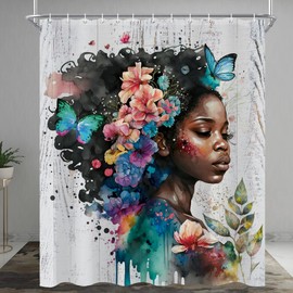 oolygoo African American Black Girl Shower Curtain 60"X72" Afro Teal Flower Butterfly Shower Curtain Set for Bathroom Black Woman Wooden Lady Bathtub Curtain Decor Bathroom Curtain with 12 Hooks