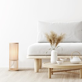 Lightbox Boho Style Table Lamp - 36 cm Height, Diameter 12 cm - Nature Table Lamp with White Fabric Shade & Light Brown Bamboo Grid & Toggle Switch - E27, Max. 40 W - Made of Bamboo/Textile