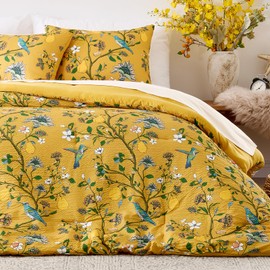 MUSSEL Bedding King Size Comforter Set 3 Pieces,Yellow Vintage Botanical Floral Pattern Bed Comforter Sets,Boho Whimsical Printed Design Cute Bedroom Comforter and Shams