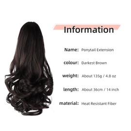 HEWEICSY Ponytail Extension, Clip on Ponytails for Women, 14" Claw Clip in Short Curly Wavy Pony Hair Extension for Women - Darkest Brown