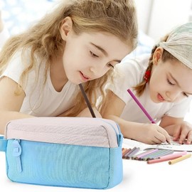 Large Capacity Pencil Case with 3 Compartments, Portable Big Pencil Pouch with Durable Zipper, Extra Big Pencil Bag for Easy Carrying (Light Blue)