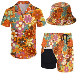 ZePinger Men's 70s Hippie Floral Shirt and Shorts Sets 2 Piece 70s Outfit Button Down Disco Shirts Suits with Bucket Hats