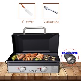 XMJR Tabletop Griddle 23 inch,Portable Propane Grill With Cover for Outdoor Backyard Camping Cooking,Small Gas Grills Propane For Family & Friends Dinner Party,Non-stick Porcelain Baking Pan