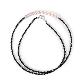 5A Grade Natural Freshwater Pearl Necklace with Black Spinel, 42CM 925 Sterling Silver Gold Plated, Elegant Round Pearl Jewelry for Women, Gift for Her