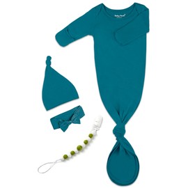 Newborn Baby Knotted Gown, Super Soft Silky Infant Long Sleeve Sleeper for Baby Girl and Boy Sleeping Bag with Mittens and Hat & Bowknot Set (Extra Long)