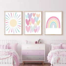 Children's Room Pictures, Rainbow Hearts, Boho Wall Poster, Picture Set for Boys, Girls, Baby Room, Children's Pictures, Premium Wall Poster, Without Frame (30 x 40 cm)