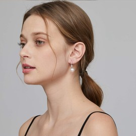 JiayangJY 18K White Gold Pearl Earrings for Women, 5A CZ Diamonds Sterling Silver Dangle Earrings with 10MM Pearls