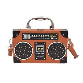 Vintage Radio Recorder Clutch Handbag Leather Top Metal Handle Crossbody Small Box Bag Shoulder Bag, Brown