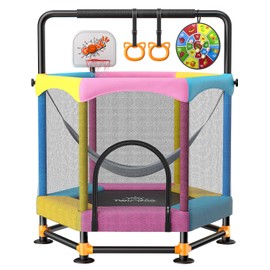 60" Trampoline for Kids, Twinkoo 5FT Fortified Toddler Trampolines with Anti-Rollover Bottom, Indoor/Outdoor Toddler Trampoline with Safety Enclosure, Adjustable Gymnastics Bars, Basketball Hoop