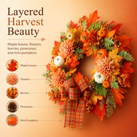 24 Inch Fall Wreath for Front Door, Autumn Harvest Farmhouse Decor