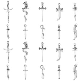 Ornazy 100 pcs 10 Styles Antique Silver Swords Knife Bookmark Charms Pendants Vintage Weapon Charms for DIY Necklace Bracelet Jewelry Making