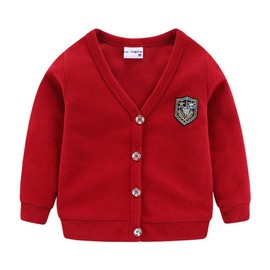 Mud Kingdom Red Sweater Cardigan for Toddler Boys Long Sleeve V-Neck Button Down Embroidered Shield Badge Cotton Knit Outerwear 3T