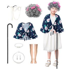 Joyesplay Old Lady Costume for Kids, 100 Days of School Costume Grandma Costume Printed Shawl and Wig,Granny Costume for Kids (A)