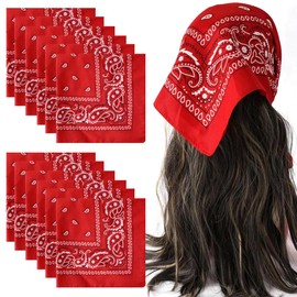 Pack of 12 Bandanas for Men and Women, Nicki Scarf, Paisley Pattern Headscarf, Novelty Cowboy Neckerchiefs, Headwear, Hair Scarf, Handkerchief (55 x 55 cm), light red