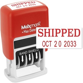 MaxMark Self-Inking Rubber Date Office Stamp with Shipped Phrase & Date - RED Ink (Max Dater II), 12-Year Band
