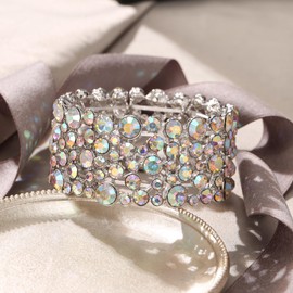 EVER FAITH Charming Stretch Bracelets Dainty Wedding Bridal Jewelry for Women, Rhinestone Crystal Gifts for Women Prom Iridescent AB Silver-Tone