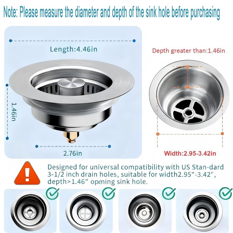 2 Pack 3 in 1 Kitchen Sink Drain Strainer &