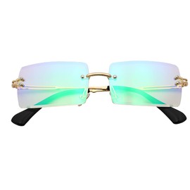 LASPOR Retro Rimless Rectangle Sunglasses for Women Men Tinted Lens Gold Metal Frameless Vintage Square Glasses (Mirror Green)