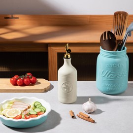 Sweejar 16 Oz Ceramic Olive Oil Dispenser Bottle, Oil Dispenser for Kitchen with Gravity Spout, Relief Opaque Oil Container for Evoo, Avocado Oil, Vinegar, Soy Sauce, 1 Pack(Beige, Gold Spout)