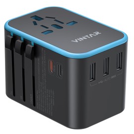 Universal Travel Adapter, VINTAR 35.5W International Power Adapter with 3 USB A QC and 2 USB C PD, All in One Plug Adapter Worldwide Travel Essentials for EU/UK/USA/AUS(Type C/G/A/I), Blue